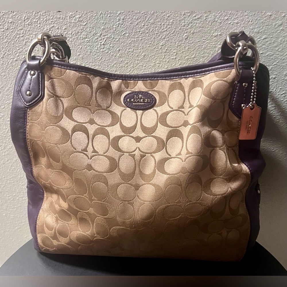 Genuine Coach Signature Madison Phoebe Gold and Purple Hobo Bag Purse Leather